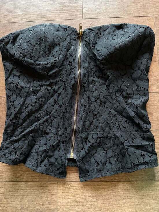 Say What? Tops - Black Lace Strapless Front Zip Corset Bustier Top